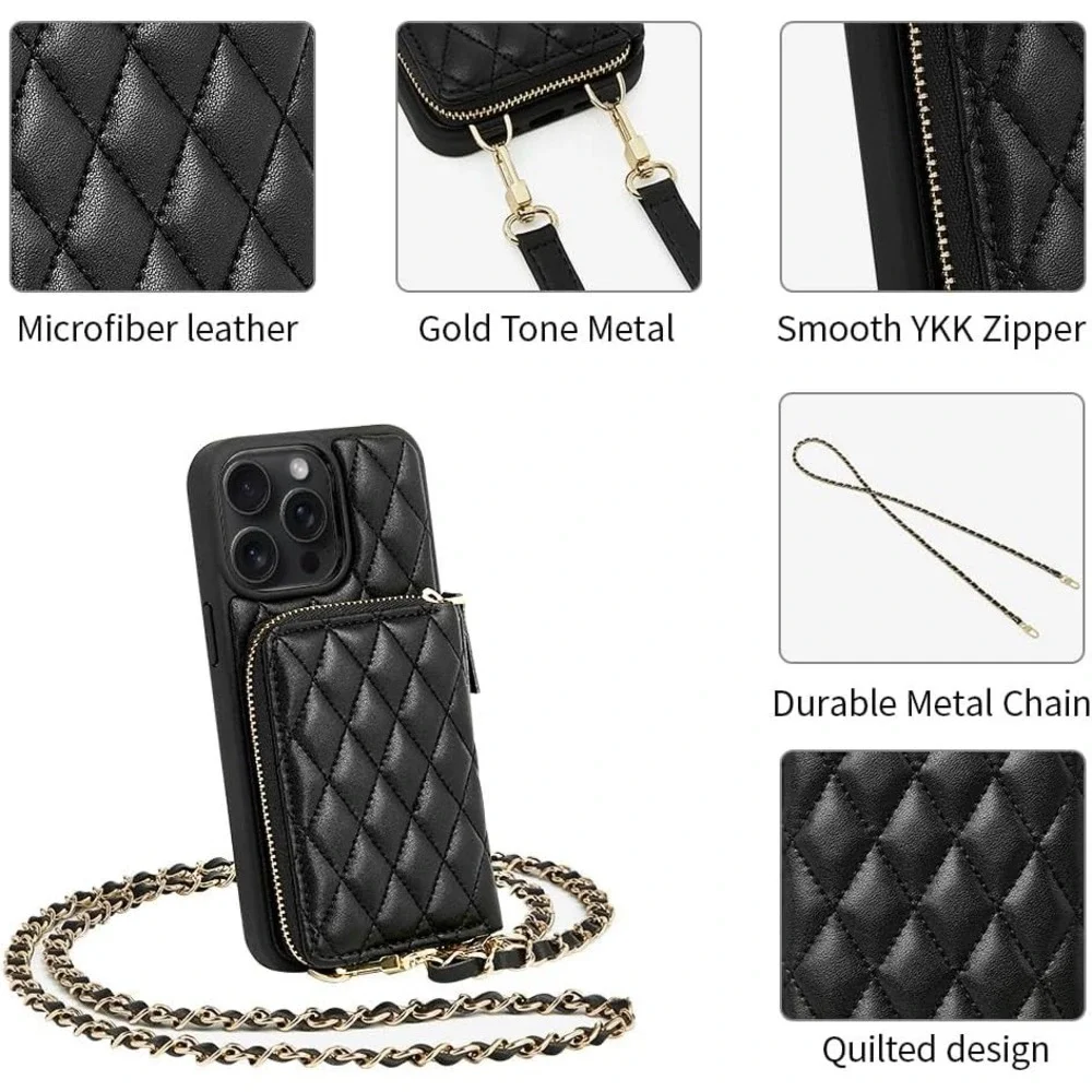 Lameeku iPhone 13 Pro Max Wallet Case Black Quilted Crossbody RFID New